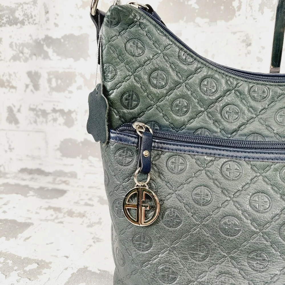 Giani Bernini Green Purse Blue 2Tone Classic Pattern Genuine Leather 0987 - Picture 3 of 14